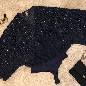 ASOS navy blue sequin thong body suit